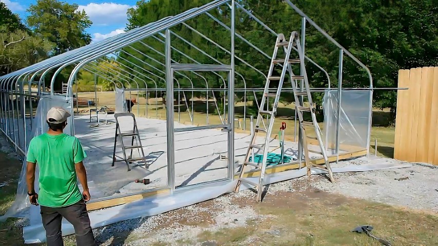 High Tunnel HoopHouse Install Corner endwall-film