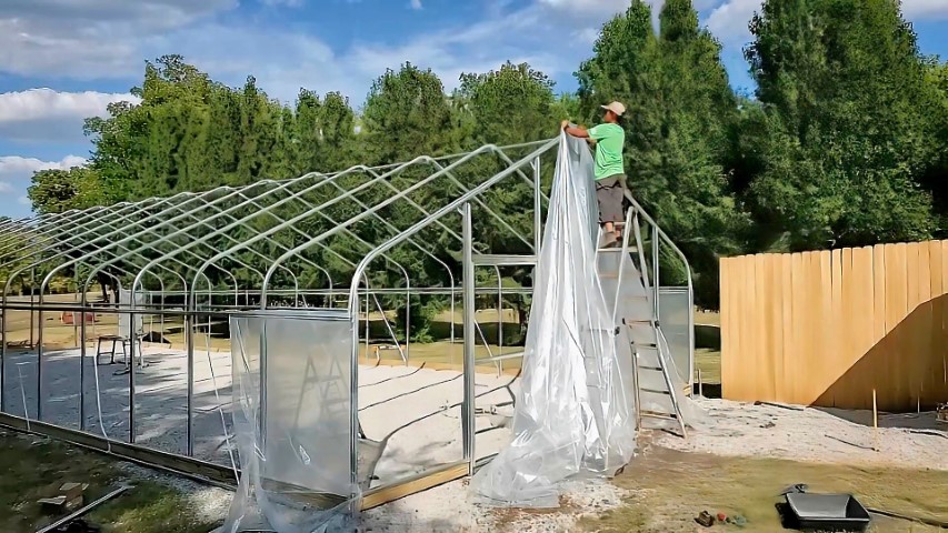 High Tunnel HoopHouse Install Corner endwall-film