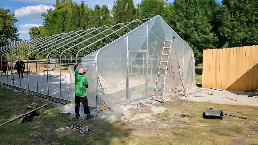 High Tunnel HoopHouse Install Corner endwall-film