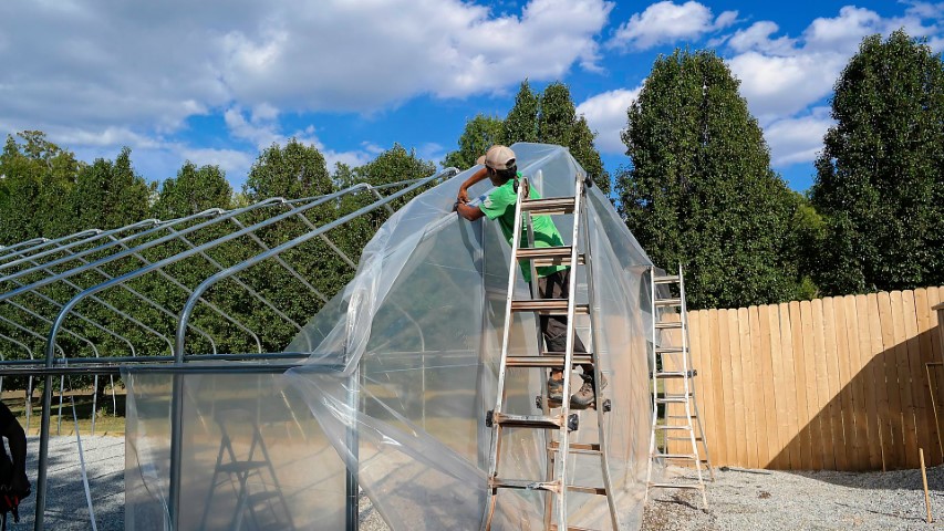 High Tunnel HoopHouse Install Corner endwall-film