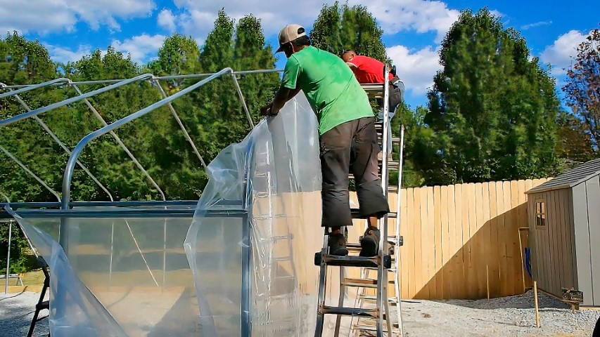 High Tunnel HoopHouse Install Corner endwall-film