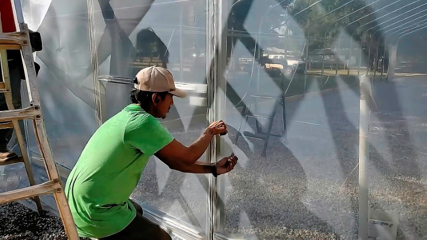 High Tunnel HoopHouse Install Corner endwall-film