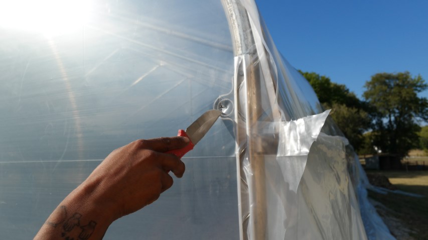 High Tunnel HoopHouse Install Corner endwall-film