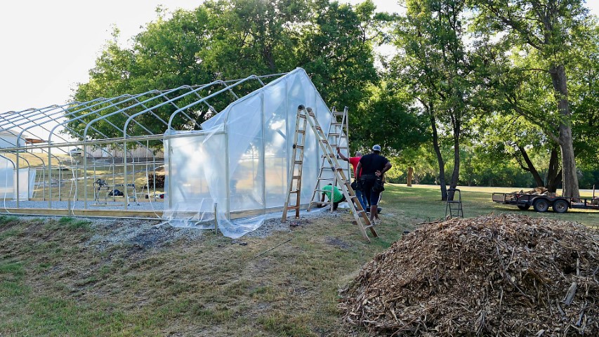 High Tunnel HoopHouse Install Corner endwall-film