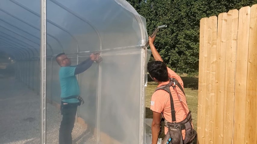 High Tunnel HoopHouse Install Corner side-curtains