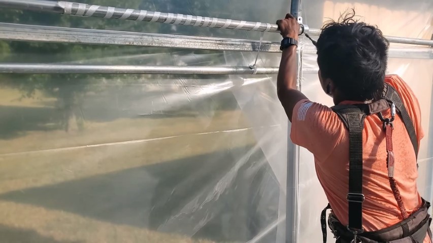 High Tunnel HoopHouse Install Corner endwall-film