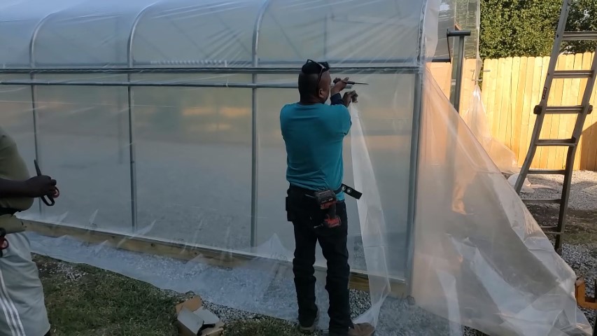 High Tunnel HoopHouse Install Corner endwall-film