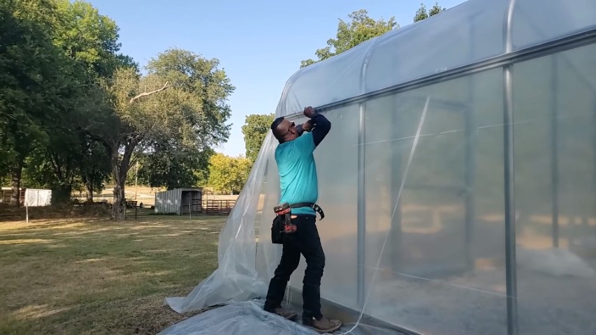 High Tunnel HoopHouse Install Corner endwall-film