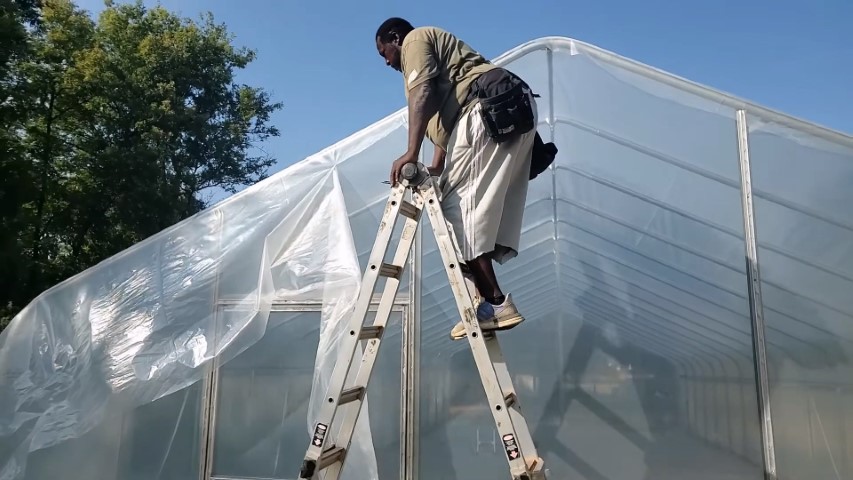 High Tunnel HoopHouse Install Corner endwall-film